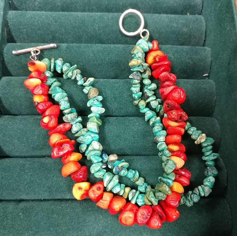 Turquoise Chip & Coral Bracelet 3 Strand 925 Sterling Silver 8" Long - Picture 12 of 16